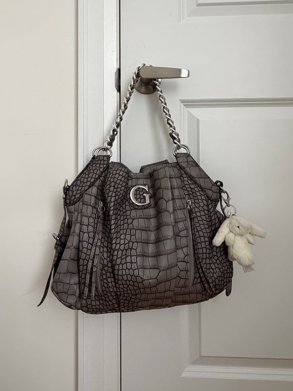 Guess Vintage Gray Croc-Embossed Shoulder Bag with Chain Handle